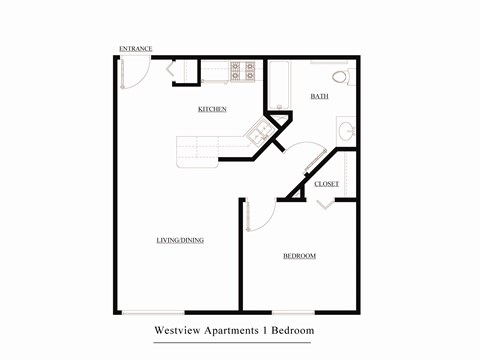Floor plan for 1 bed, 1 bath, 709 sqft